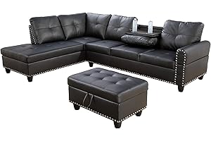 LOPOO 3-Piece Faux Leather Sectional Couch, Button Tufted Upholstered Modular Sofas with Chaise Lounge and Storage Ottoman, Large L-Shaped Living Room Sets w/Foldable Console and Cup Holder (Black)