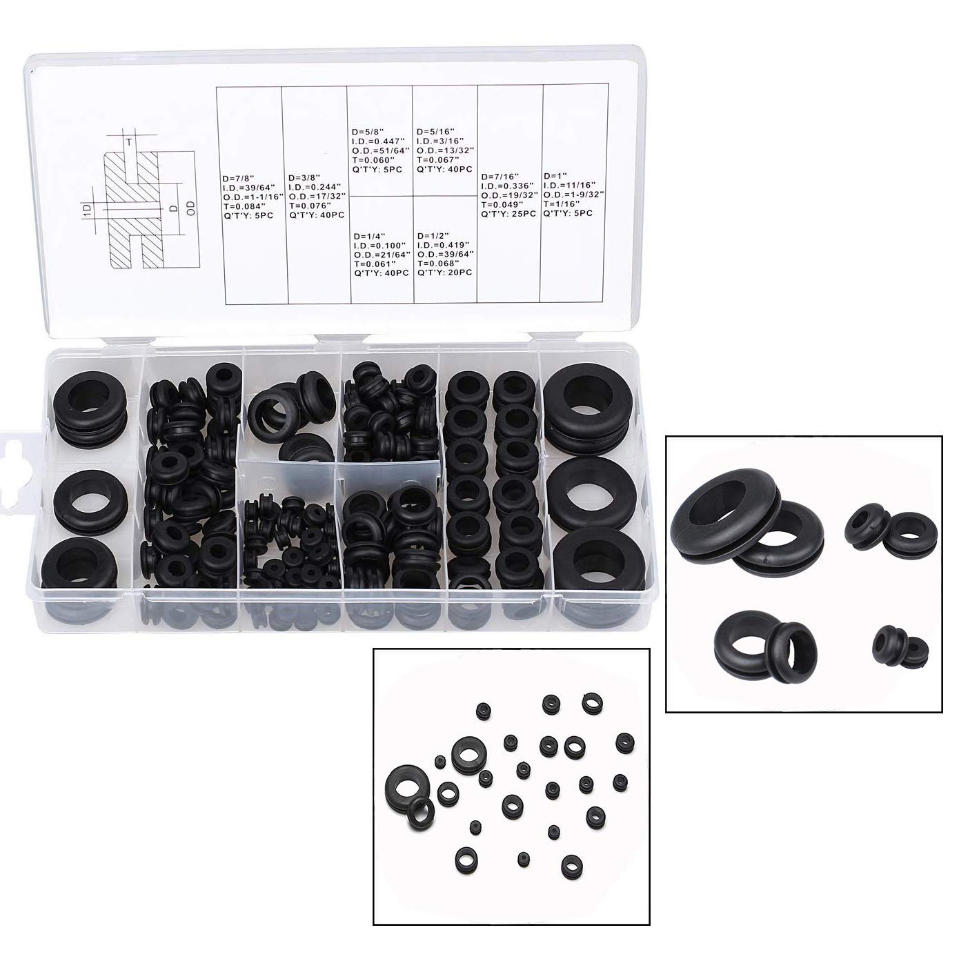 Xrten 180 Piece Black Rubber Grommet Gasket Ring Assortment Kit For Cables, Plug and Cable