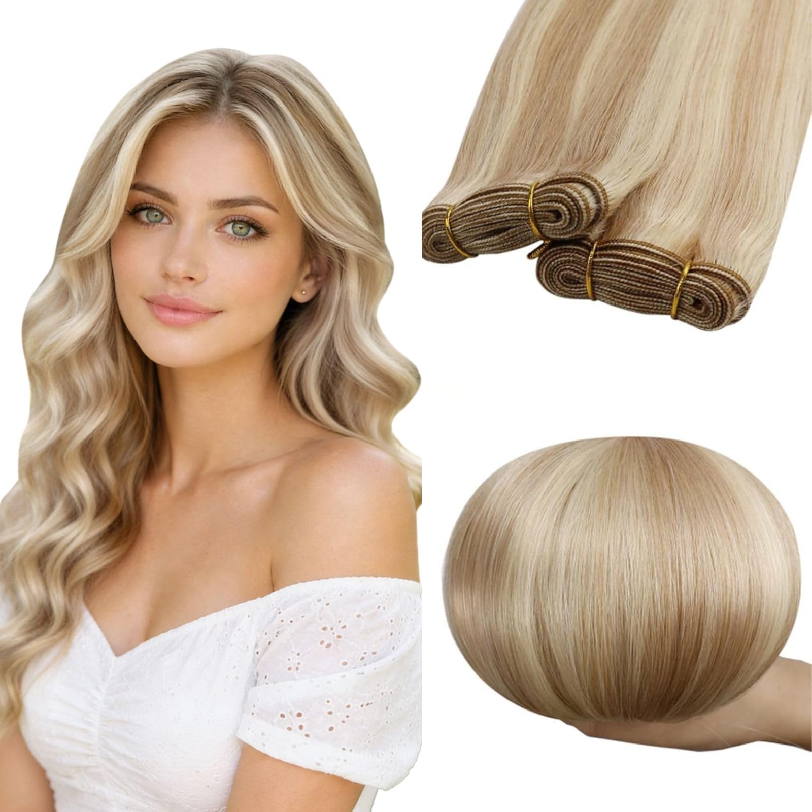 RUNATURE Weft Hair Extensions Real Human Hair Blonde Highlight Ash Blonde Sew in Hair Extensions Human Hair Full Head Straight Remy Weft Hair 12 Inch 70g #18AP60