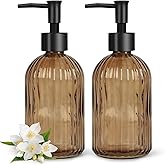 Topsky 2 Pack Glass Soap Dispenser with Black Plastic Pump, 400ml Liquid Hand Soap Dispenser, Rustproof Pump for Kitchen & Bathroom, Great for Lotions, Essential Oil, Liquid Soaps-Amber