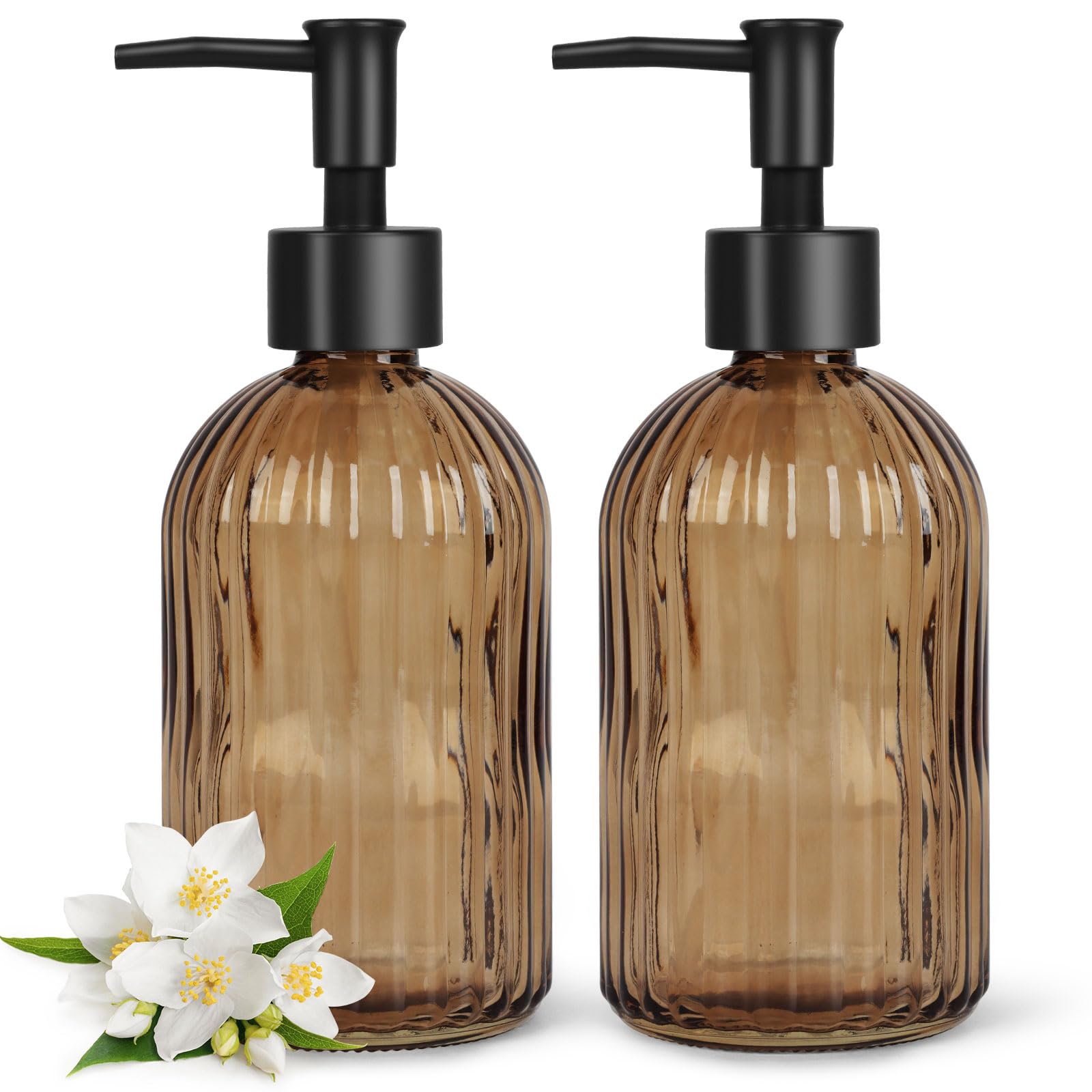 Photo 1 of Topsky 2 Pack Glass Soap Dispenser with Black Plastic Pump, 400ml Liquid Hand Soap Dispenser, Rustproof Pump for Kitchen & Bathroom, Great for Lotions, Essential Oil, Liquid Soaps-Amber