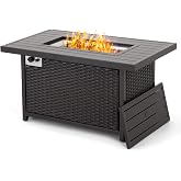 HAPPATIO Propane Fire Pit Table - 48 inch 50,000 BTU Aluminum Outdoor Patio Fire Pit,Wicker &amp; Aluminum Rectangular Propane Gas Fire Pit, Clear Glass Rock and Tabletop Lid, Black PE Rattan(Brown)