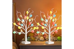 Easter Decorations, PABIPABI Easter Egg Tree Lights, Set of 2 Lighted Easter Tree with Color Cracked Egg Ornaments, USB/Battery Operated Timer Display Tree Lights for Easter Home Indoor Decor