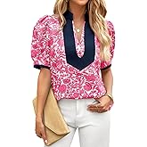 Cicy Bell Womens Floral Short Puff Sleeve Tops V Neck Patchwork Boho Summer Blouses Dressy Casual Shirts