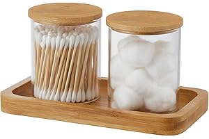 INIUNIK Glass Qtip Holder with Vanity Tray, Apothecary Jars Bathroom Accessories Bathroom Canisters Organizer Countertop Q Tip Holder for Cotton Ball Round Swab Pad Hair Ties Floss Perfume Jewelry