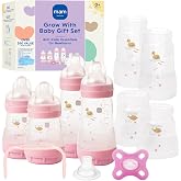 MAM Grow with Baby Anti-Colic+ Bottle &amp; Pacifier Set 0+ Months, Girl | 4 Easy Start Bottles (5oz &amp; 9oz) with Trainer Handles &amp; Spout, Comfort Pacifier, Extra Bottle Bodies &amp; Nipples