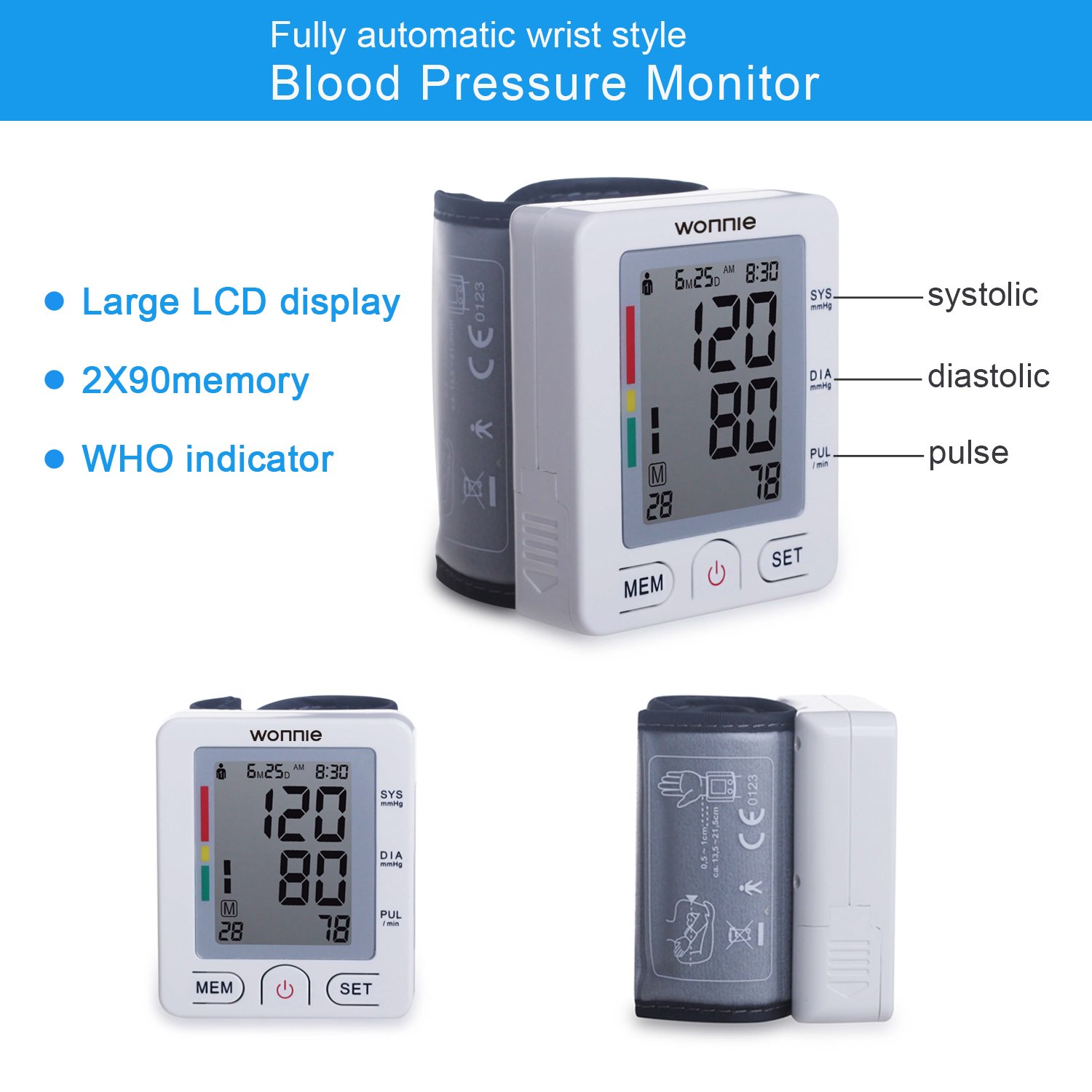 Handgelenk Blutdruckmessgerät, WONNIE hohe Messgenauigkeit vollautomatisches BP blutdruckmanschette Pulsmessung für zwei Benutzer (2x90 speicherbare) Heimgebrauch, FDA Zulassung Blood Pressure Monitor