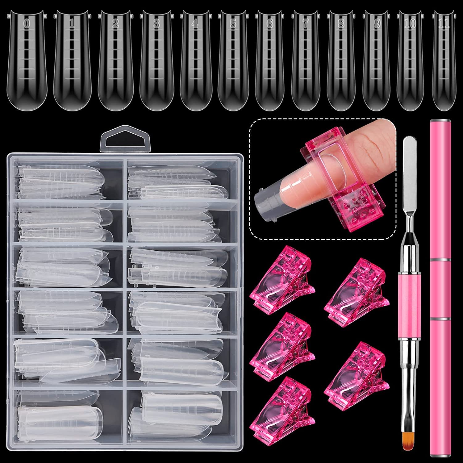 EBANKU Nail Forms Set - 120 DualForms, 1 Pink Brush, 5 Pink DualForm Clips for Acrylic Nails