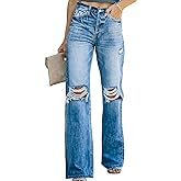 Sidefeel Women's Ripped High Waisted Jeans Wide Leg Destroyed Denim Pants