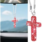 Cross for Car Mirror Hanging, Bling Cars Pendant Charm, Double-Sided Diamond Christian Cross Rearview Mirror Accessories, Car Accessories for Women (Red)