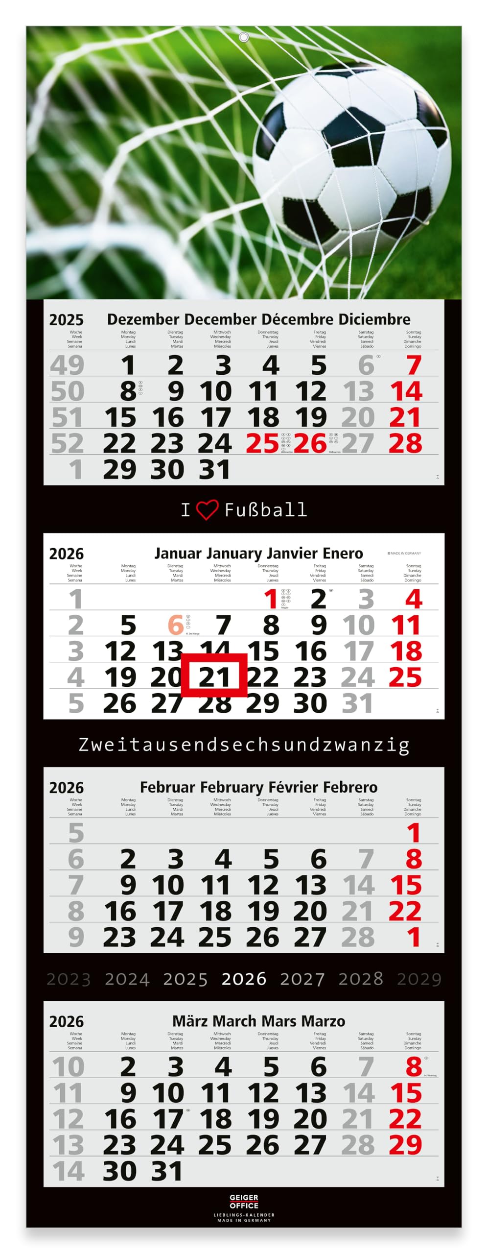 Geiger-Office 4 Month Wall Calendar 2022 Football Large Format 33 x 90 cm with Attractive Football Picture Motif