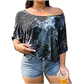 SOLY HUX Women's Off The Shoulder Tops Tie Dye Scoop Neck Loose Cropped Tee Shirts