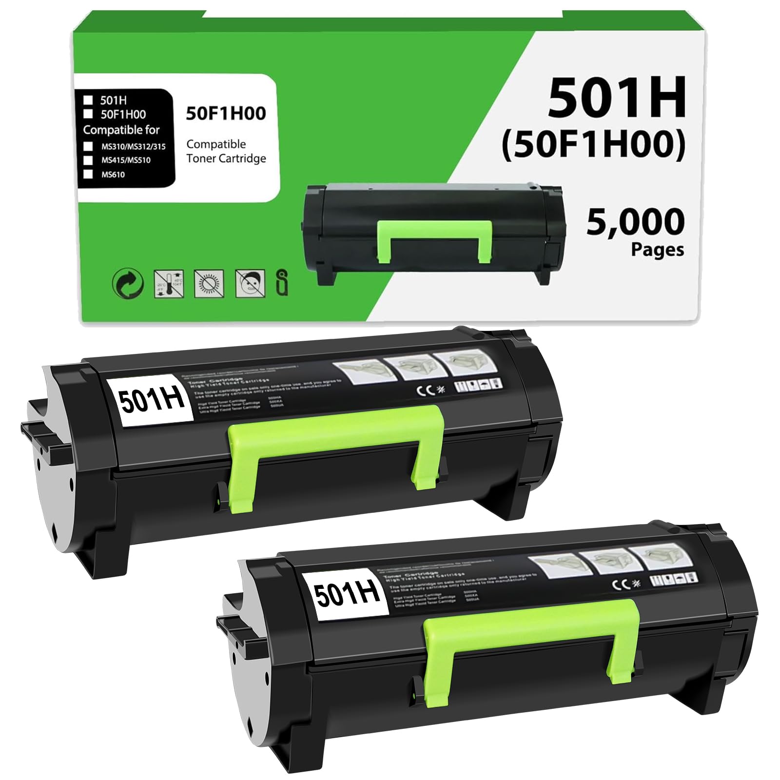 Photo 1 of 50F1H00 501H Toner Cartridge Compatible for Lexmark 50F1H00 50F1000 Black Toner Cartridge for MS310dn MS312 MS410dn MS510dn MS610dn MS312dn MS315dn MS415dn Printer (5,000 Pages 2 Pack)