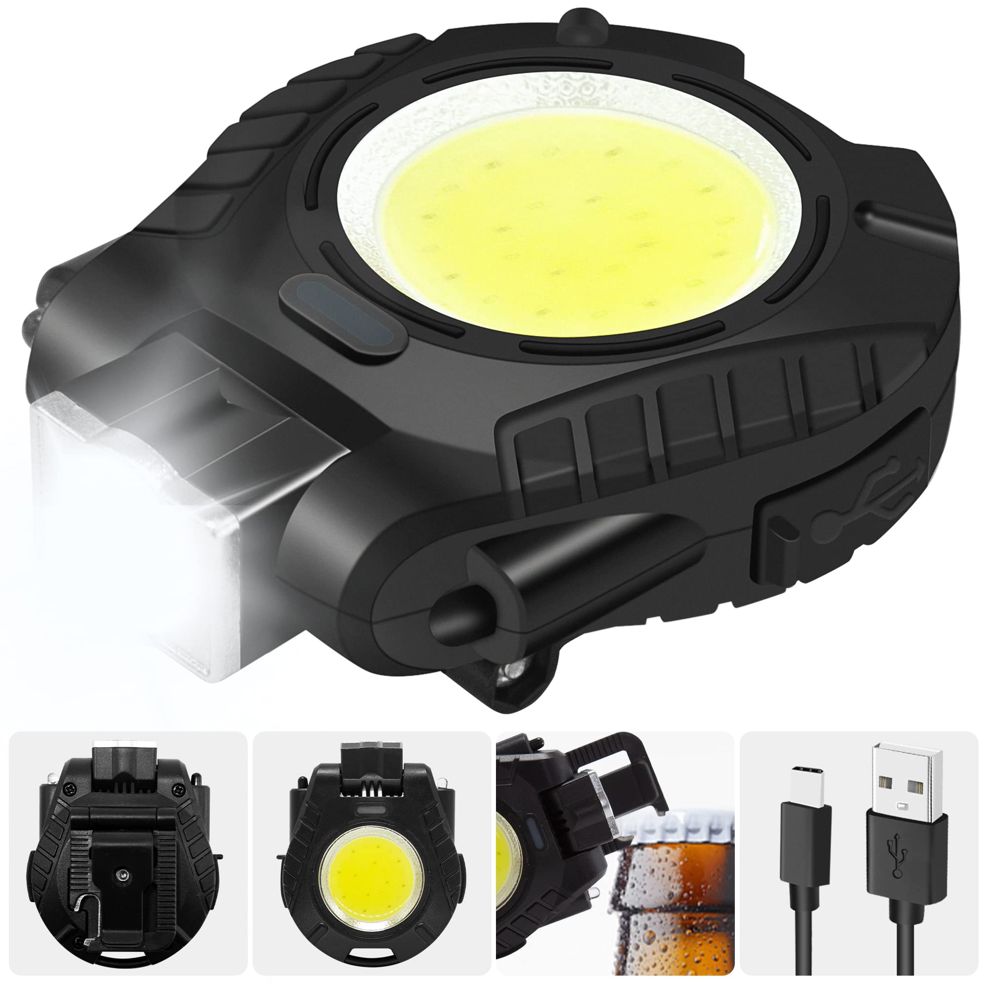 Cob Keychain Work Light Rechargeable, 1000lumens Bright Small Keychain Flashlights Waterproof, 5 Modes Mini Portable Led Light with Folding Bracket Bottle Opener and Magnet Base for Walking Camping