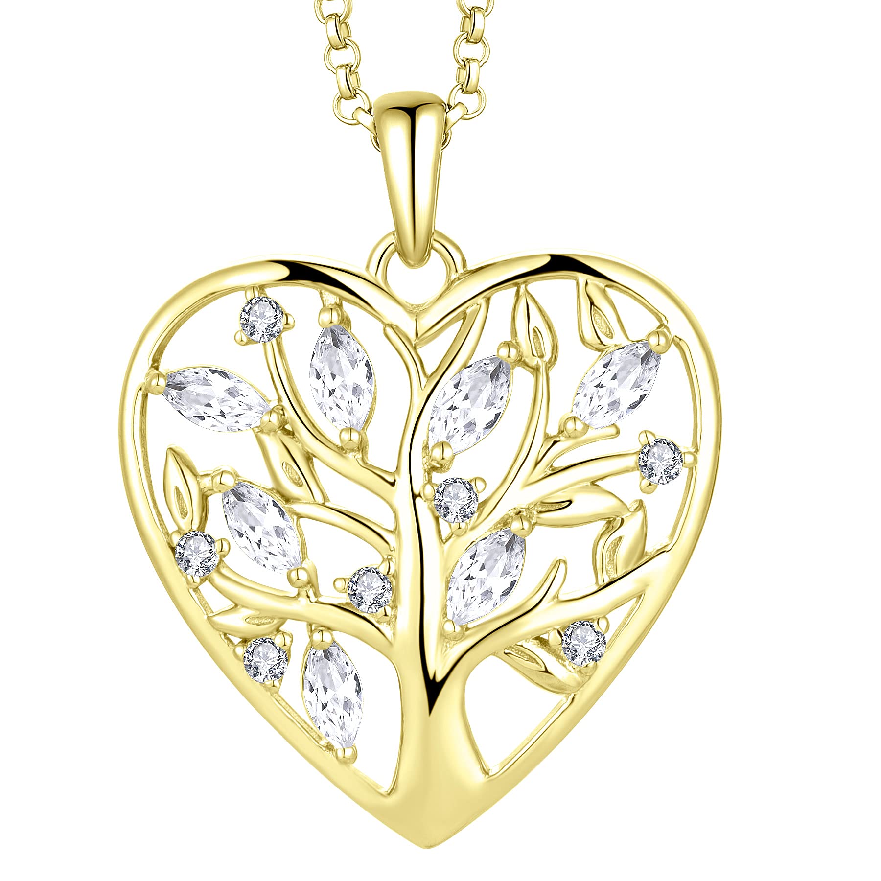 JO WISDOM Women Heart Necklace,925 Sterling Silver Tree of Life Pendant Necklace with 3A Cubic Zirconia with Yellow Gold Plated,Jewelry for Women