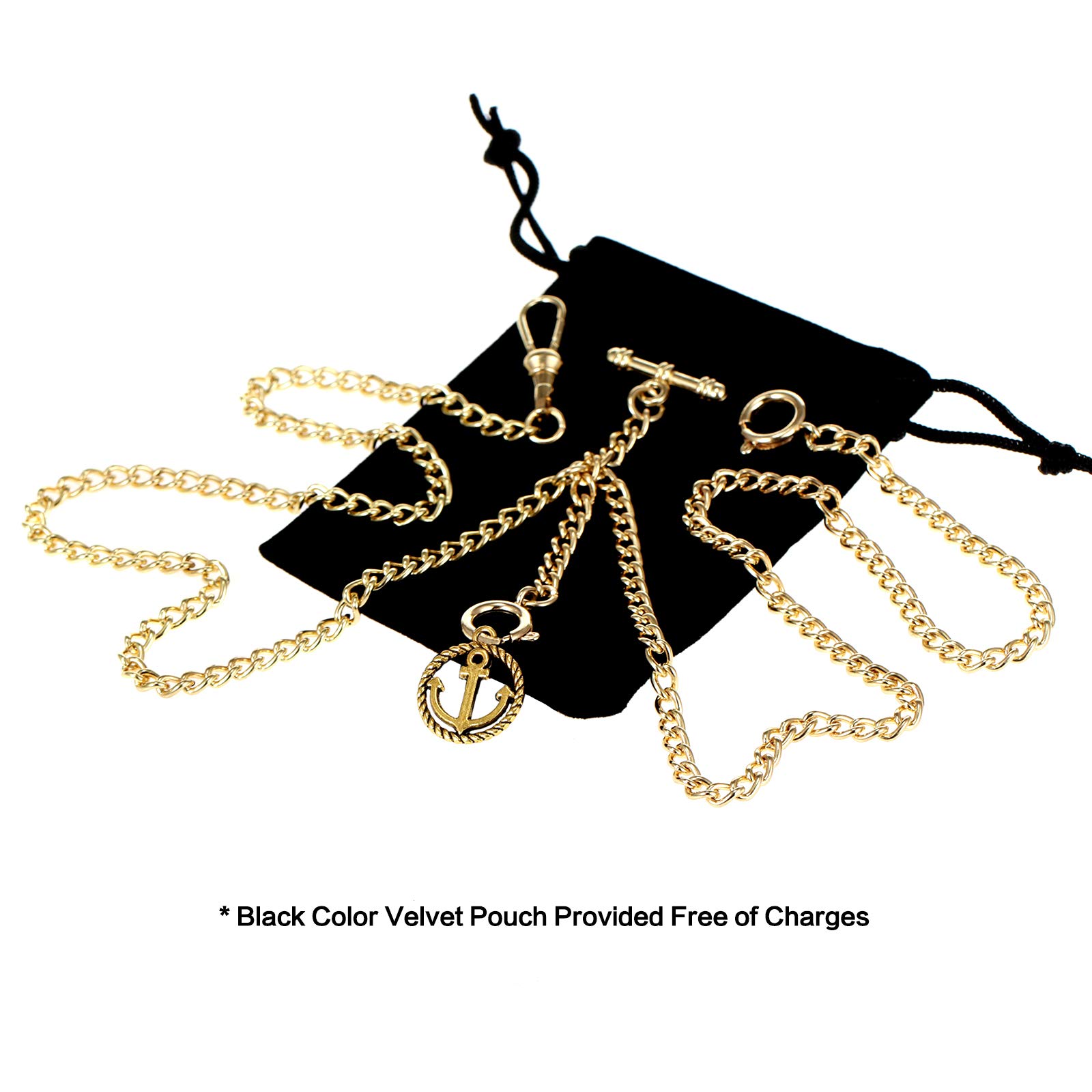 TREEWETO Men's Double Albert Chain Pocket Watch Curb Link Key Chain 3 Hooks with Antique Anchor Pendant Design Charm Fob T Bar