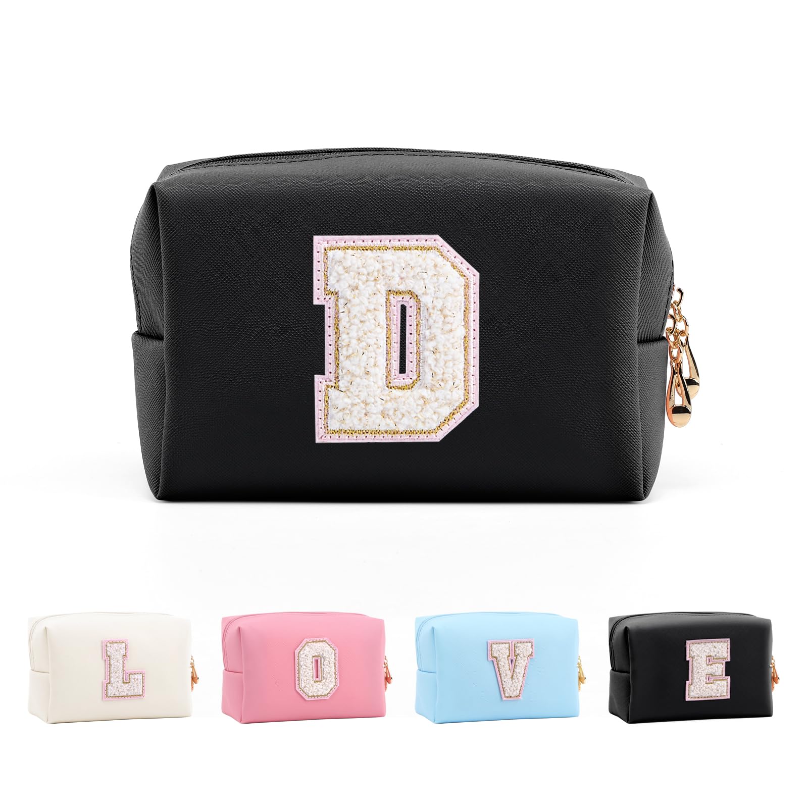 Anntry Small Personalized Initial Letter Makeup Bag, Cute Waterproof PU Leather Chenille Letter Cosmetic Bag Travel Makeup Bag, Preppy Makeup Pouch Toiletry Zipper Pouch Organizer for Women and Girls