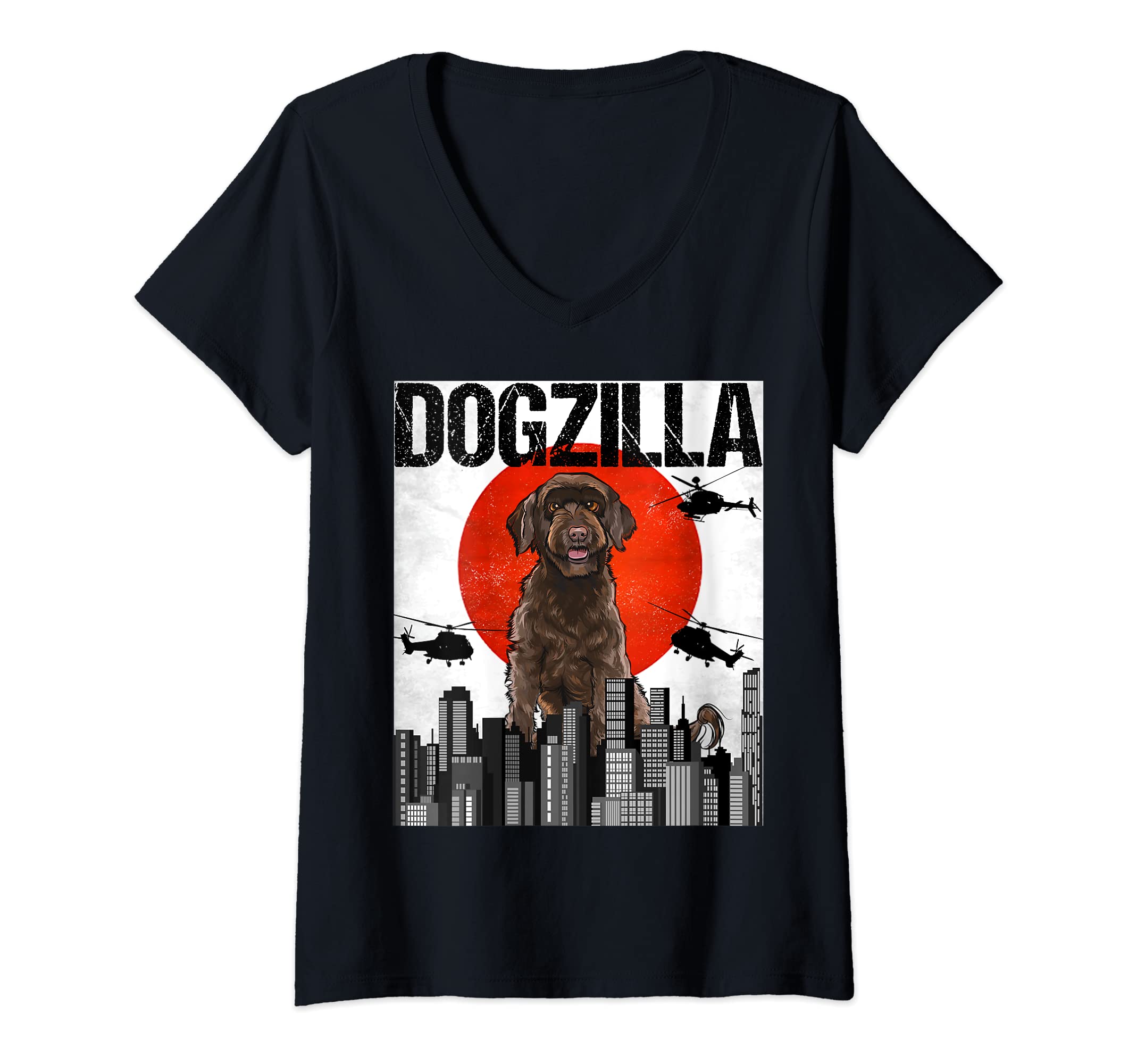 Womens Funny Vintage Japanese Dogzilla Portuguese Water Dog V-Neck T-Shirt