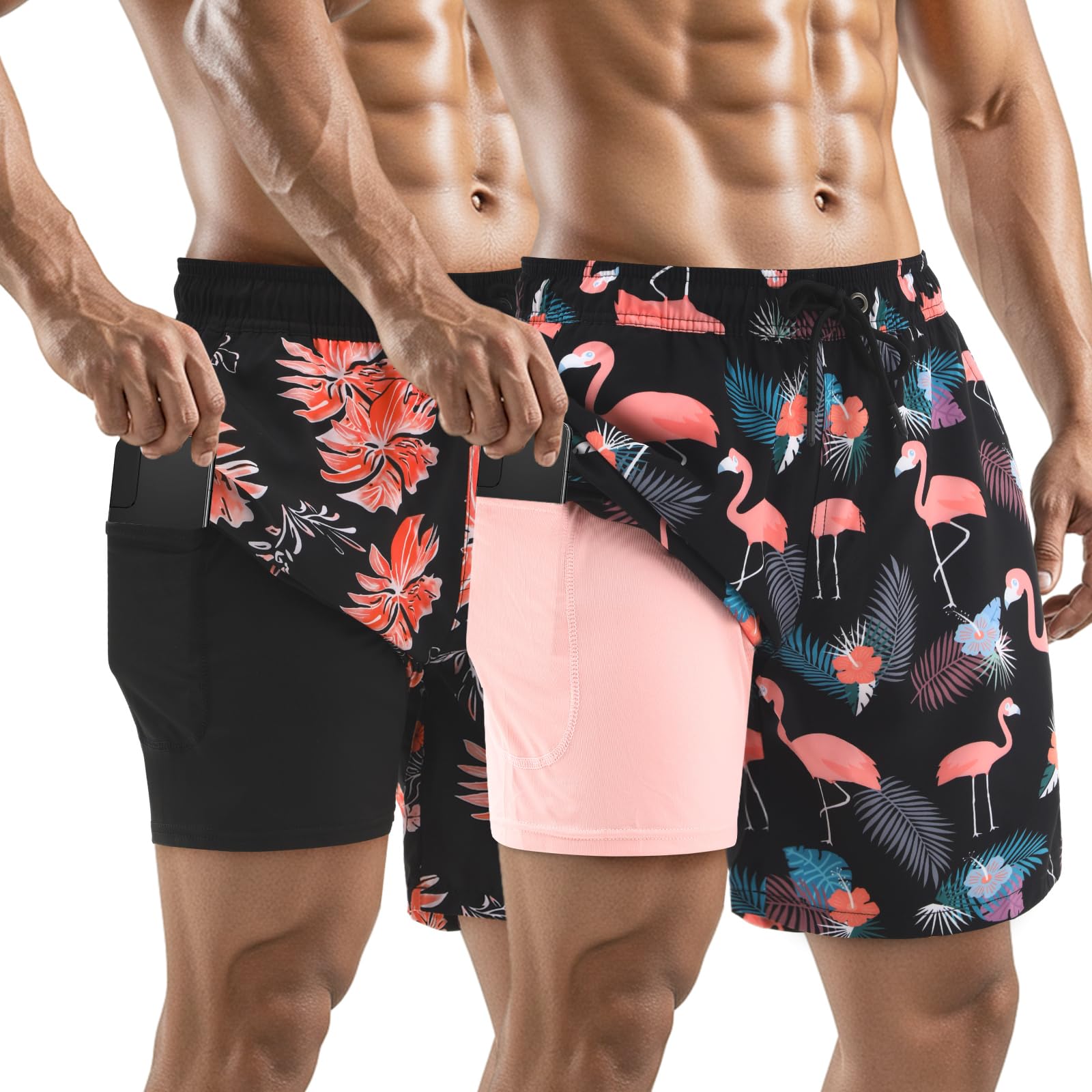 Photo 1 of ** ONLY ONE** Jamntower Mens Swim Trunks with Compression Liner 7 Inch and Phone Pockets Swim Shorts Gym Training Athletic Jogger(Style,L,Black Pink)