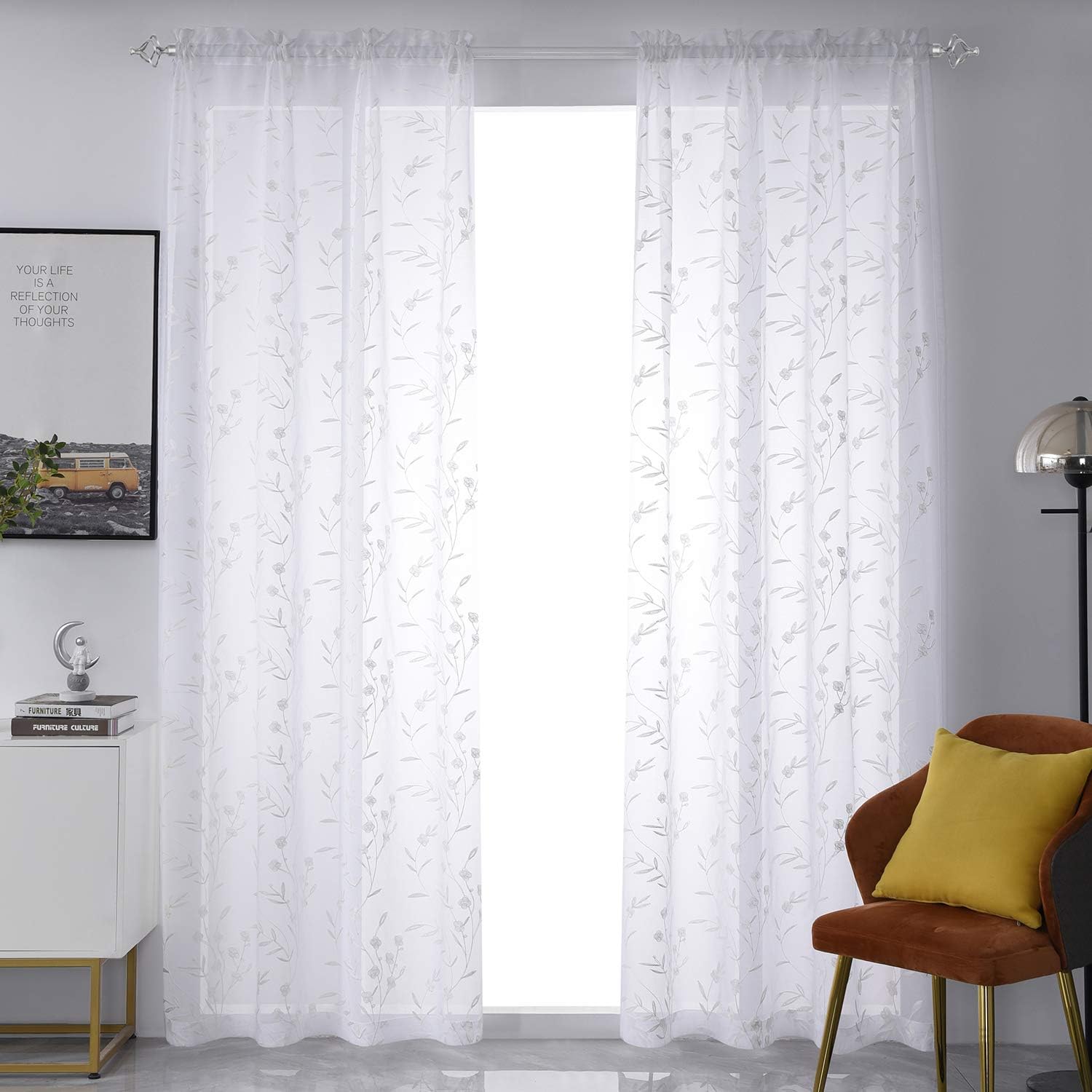 Outdoor Curtains - Sheer Curtains Floral Embroidery White 84 Inch Long Rod Pocket Lace Drapes for Living room, Bedroom, 2 Panels, 52