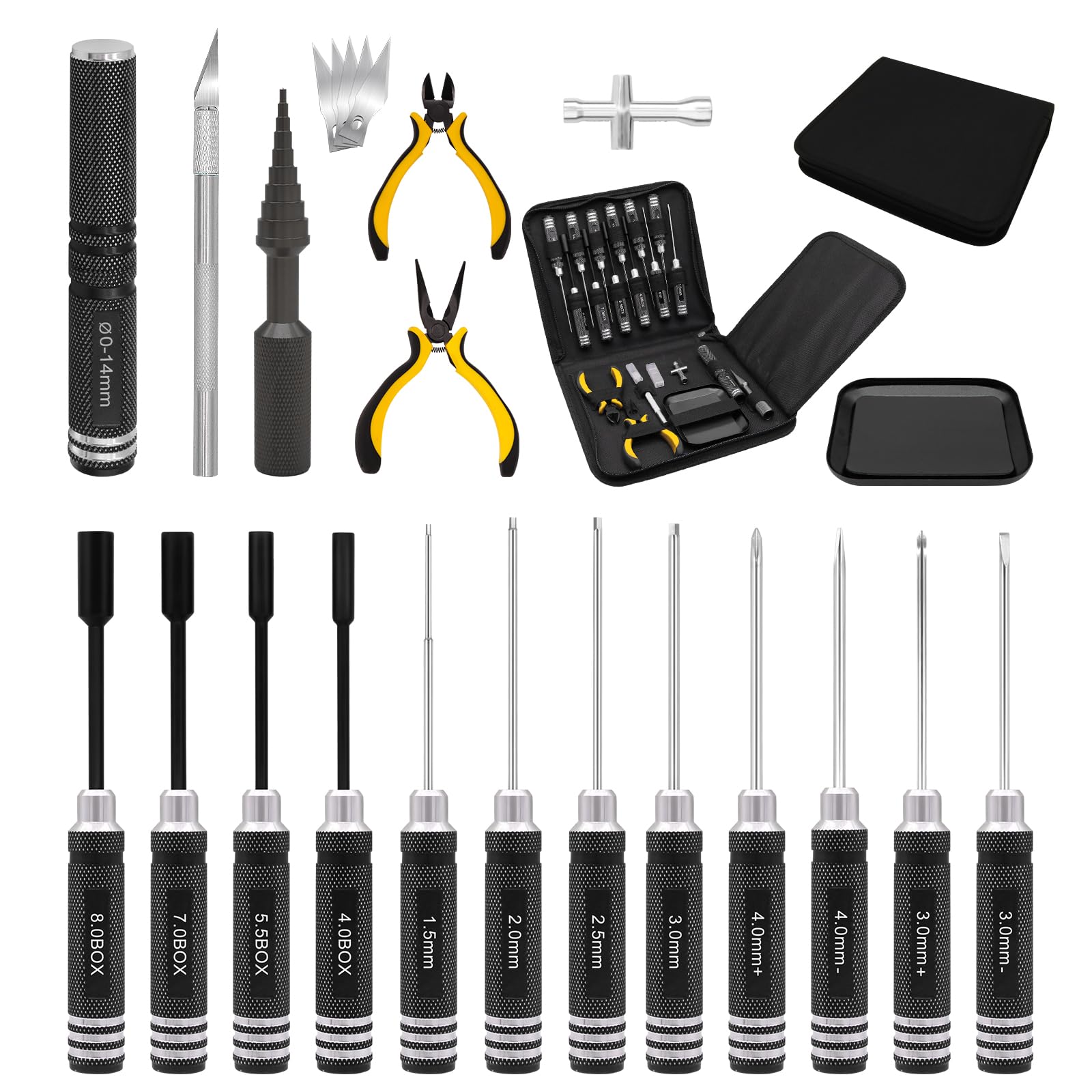 Craznick 19Pcs RC Car Tool Kit Hex Screwdriver Set Hex Nut Drivers Phillips Screwdriver Pliers Wrench Body Reamer for 1/8 1/10 Traxxas Axial Arrma DJI Drone Boat RC Repair Tool Kit Black