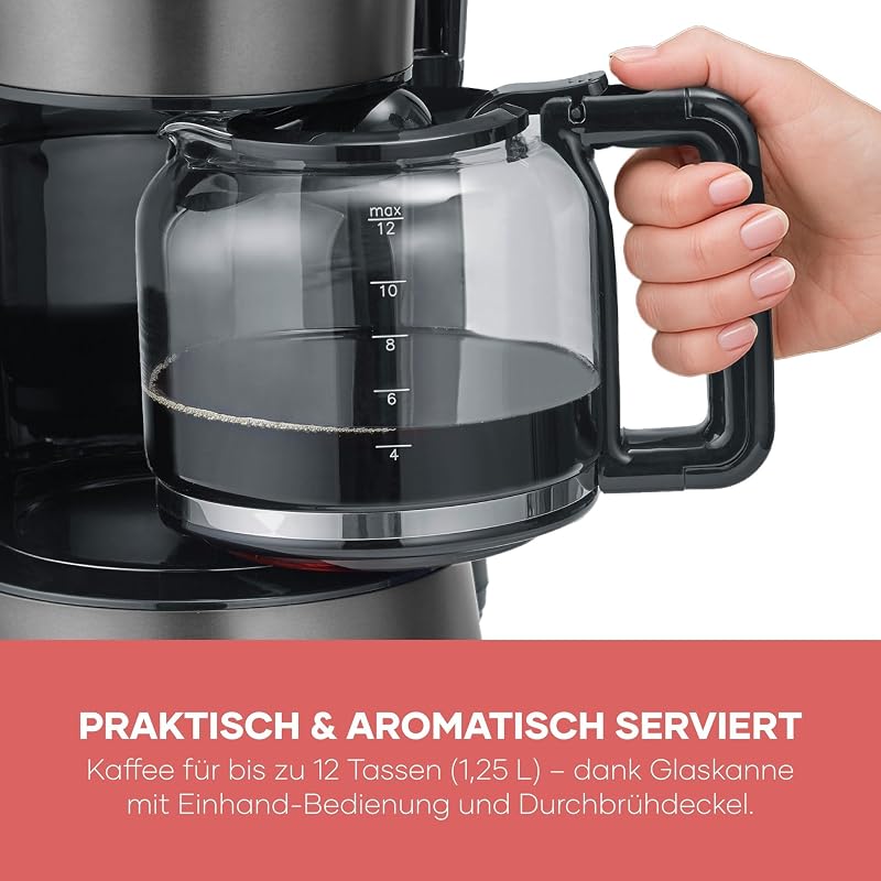 Kaffeemaschine, Kaffeeautomat mit Glaskanne, Durchbrühdeckel und Tropfstopp, Schwenkfilter, Abschaltautomatik, integriertes Kabelfach 1,25 L Füllmenge, 1000 Watt, dark inox, KA 9340