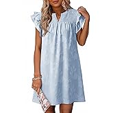 Dokotoo Womens Summer Dresses 2026 Ruffle Short Sleeve Casual V Neck Smocked Floral Burnout Mini Dress Sundress