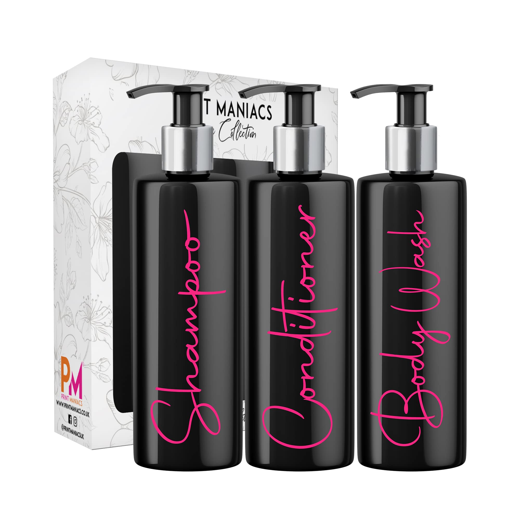 Print Maniacs Mrs Hinch Inspired Black Personalised Dispenser Silver Pump Bottles Set 3 (PINK,F2)