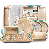 Perlli Baking Kit: Nonstick Gold Steel Oven Set - 10 Pieces, Cookie Sheets, Cake Pans, 9x13Pan with Lid, Loaf & Deep Pans, Pizza Crisper, Muffin Pan - Silicone Handles