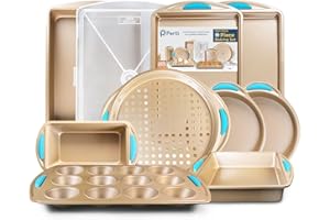 Perlli Baking Pan 10 Piece Set Nonstick Gold Steel Oven Bakeware Kitchen Set with Silicone Handles, Cookie Sheets, Round Cake Pans, 9x13 Pan with Lid, Loaf Pan, Deep Pan, Pizza Crisper, Muffin Pan