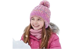 FENELY Girls Boys Winter Hat 3-12, Children's Warm Knitted Earflaps Beanie with Pom Pom Thicken Fleece Lining Cap for Kids