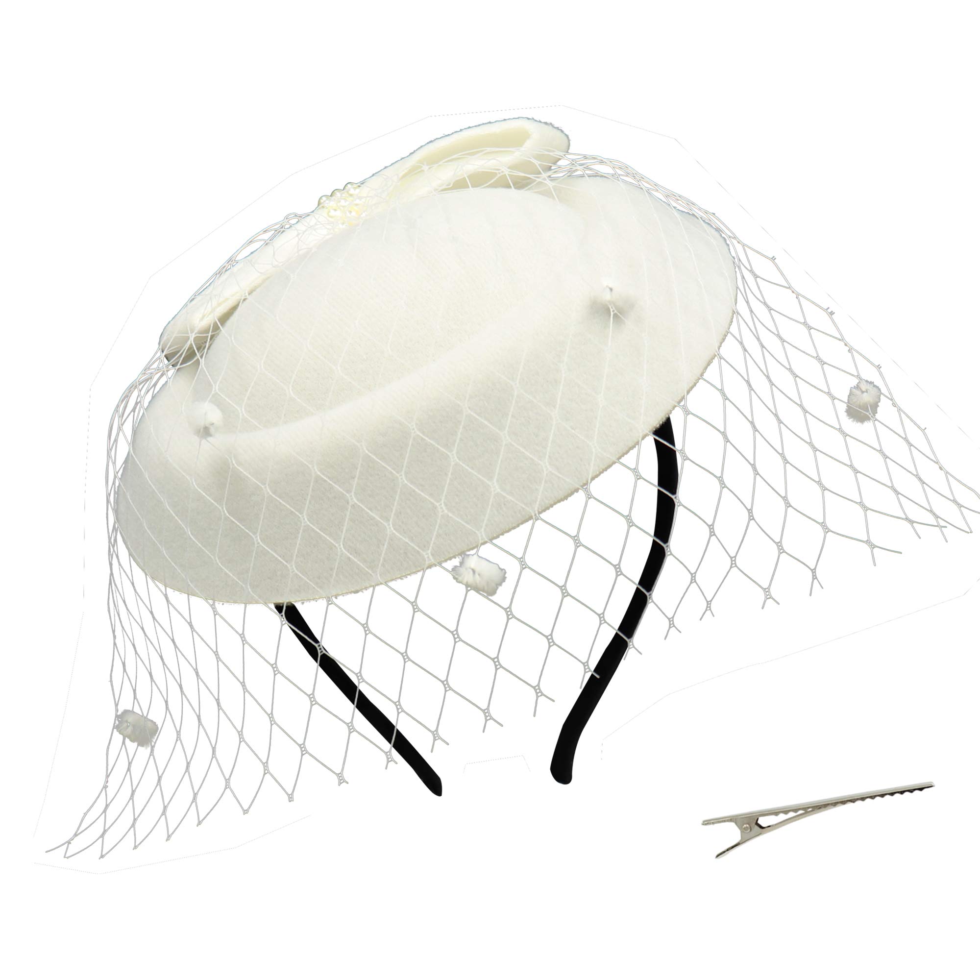 Umeepar Bowknot Pillbox Fascinator Hat Headband for Women Tea Party Wedding Hat with Veil Hair Clip (White)