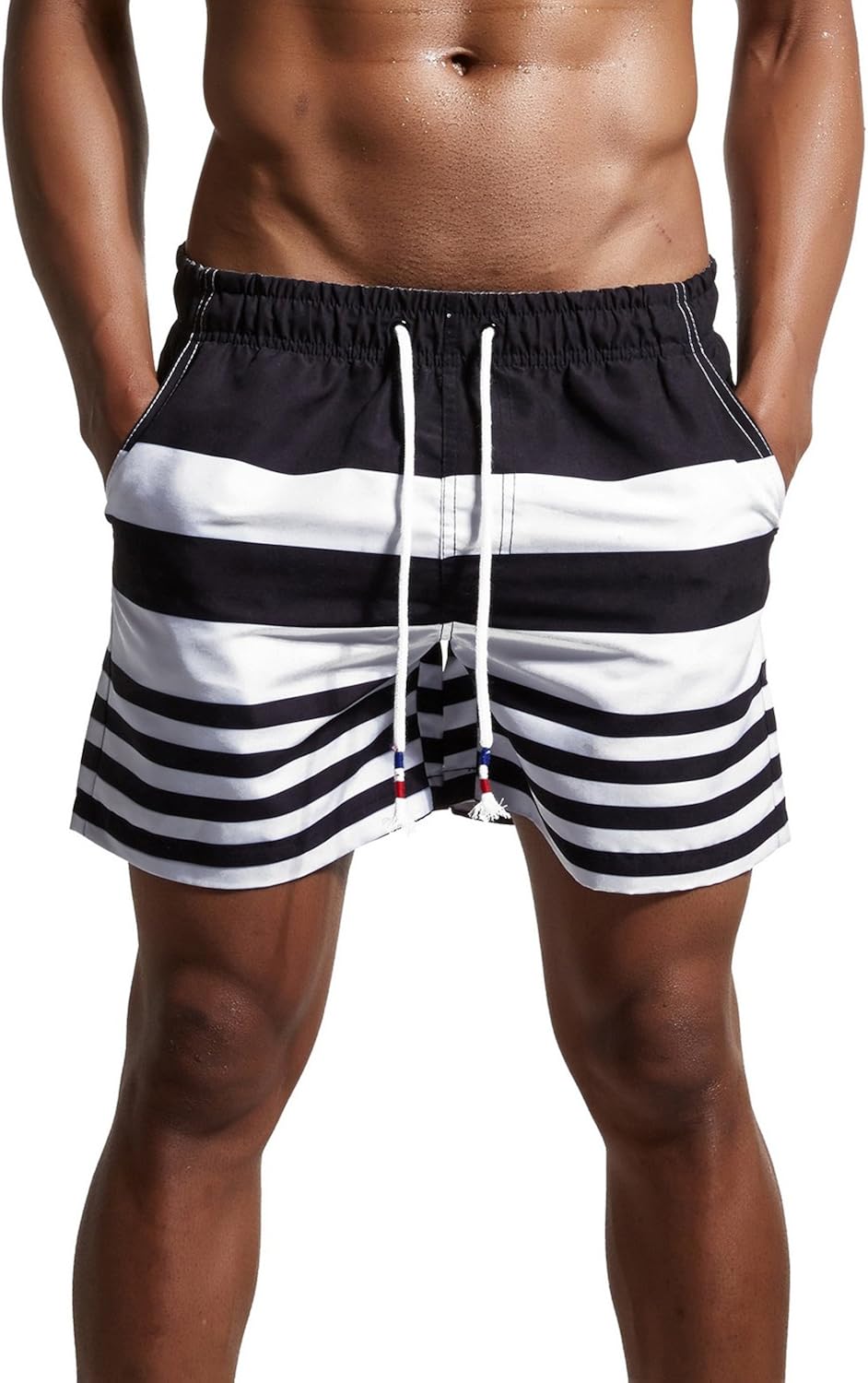 ChinFun Men's Swimsuit Swim Trunks Watershort Swimwear Stripes Board Shorts Bathing Suits Side Pockets