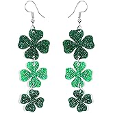 4E's Novelty St Patricks Day Large Acrylic Green Shamrock Earrings for Women - Cute Sparkly Lucky Clover St Pats Earrings, St Patricks Day Accesories for Women, Green St Patty Day Dangle Shamrock Accessories