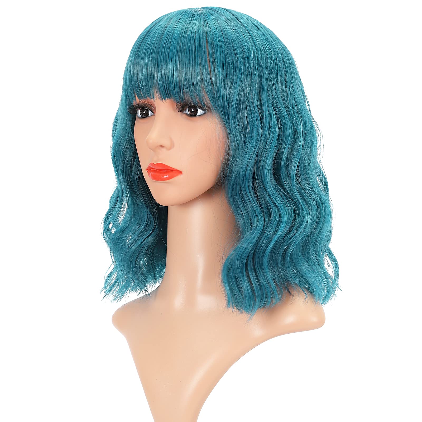 FAELBATY Blue Wig - Short Bob Wig With Bangs, Shoulder Length, Curly Wavy Synthetic Hair, 12" Blue