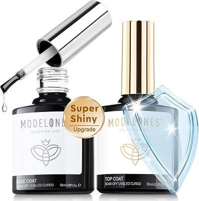 Modelones Gel Base Coat and Top Coat 10ml 2Pcs No Wipe Set Glossy Long Lasting