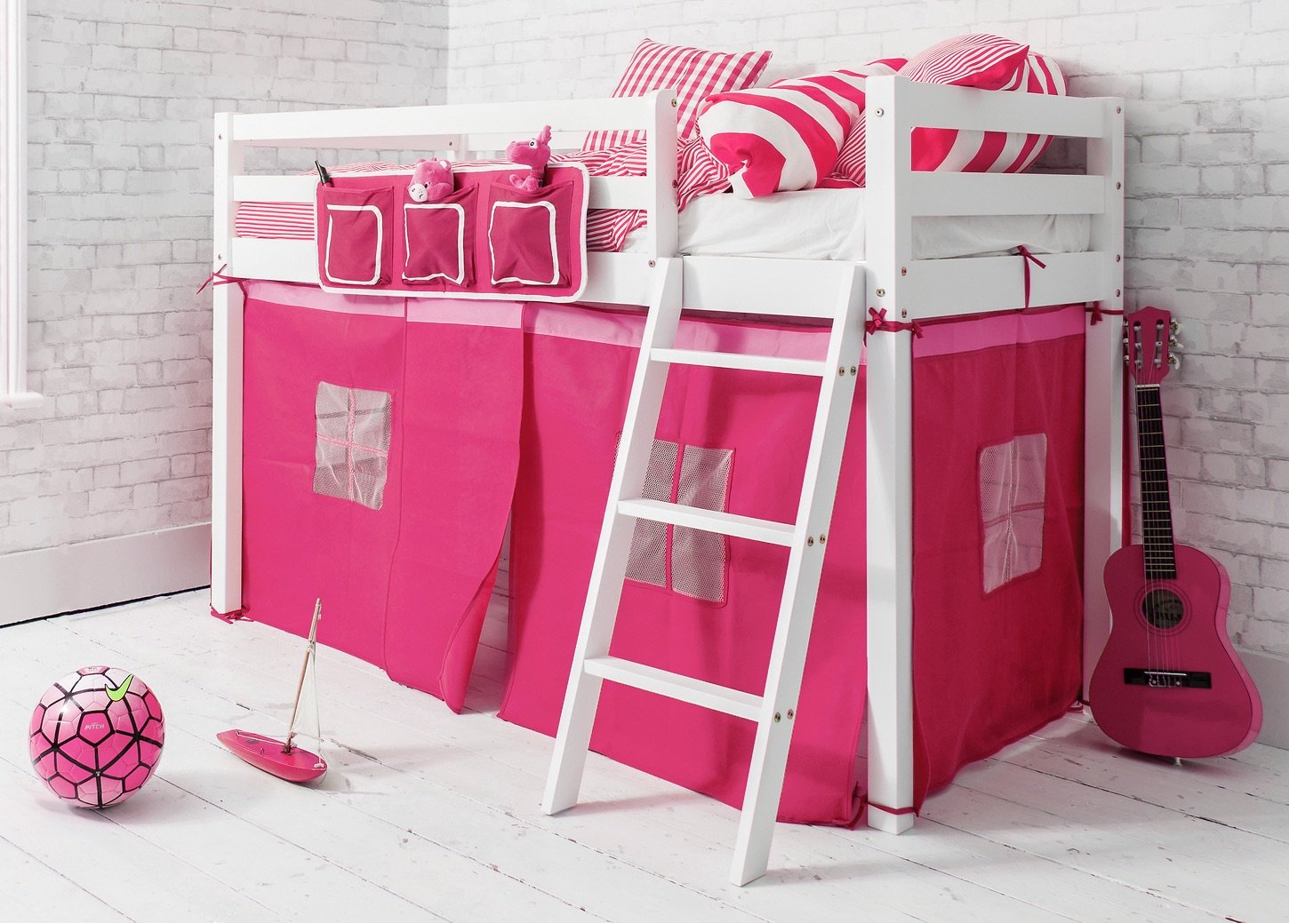 White Shorty Cabin Bed Pink Girls Mid Sleeper Junior Bedroom