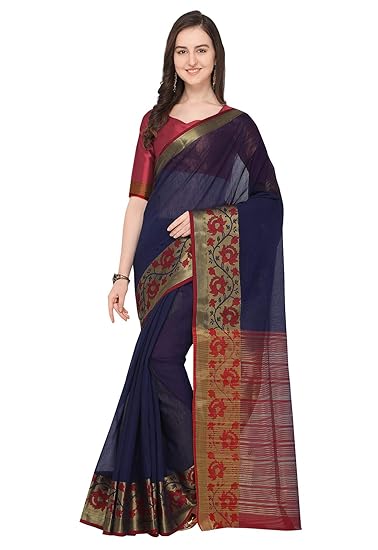 Gadhwal Cotton Navy Blue With Golden Zari Solid Womens Saree