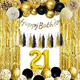 21st Birthday Decorations for Him Her - Happy 21st Birthday Party Decorations Gold and Black for Men Women Party Supplies Set with Number Foil Balloon, Fringe Curtains