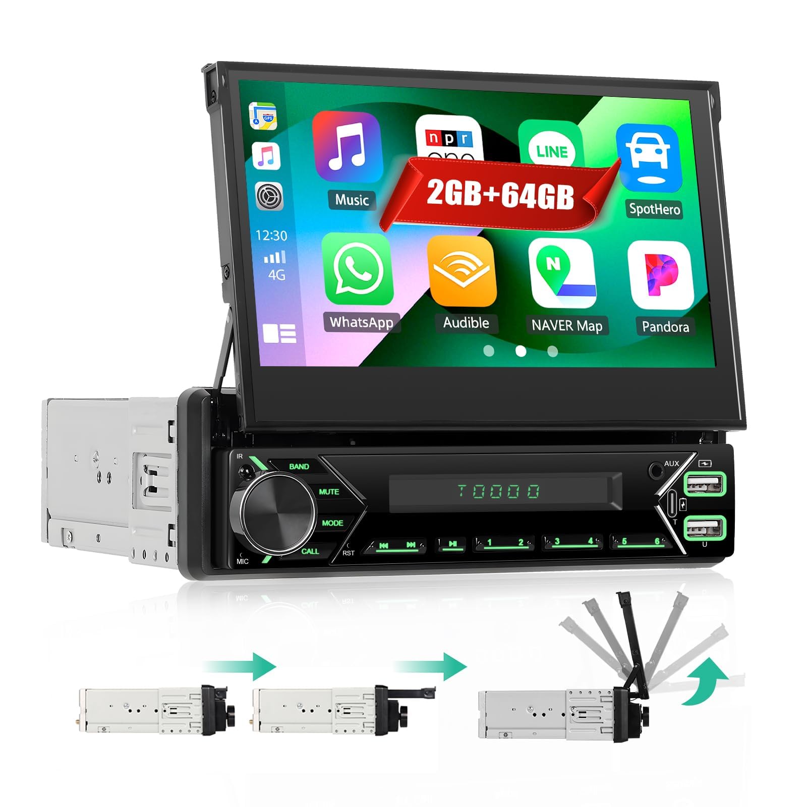 CAMECHO 2+64G Android 13 Single Din Car Stereo Flip Out with Wireless Carplay Android Auto, 7 inch Manual Telescopic Touch Screen Bluetooth Handsfree Call Sat Navi USB/Type-C/Aux-in SWC Mirror Link