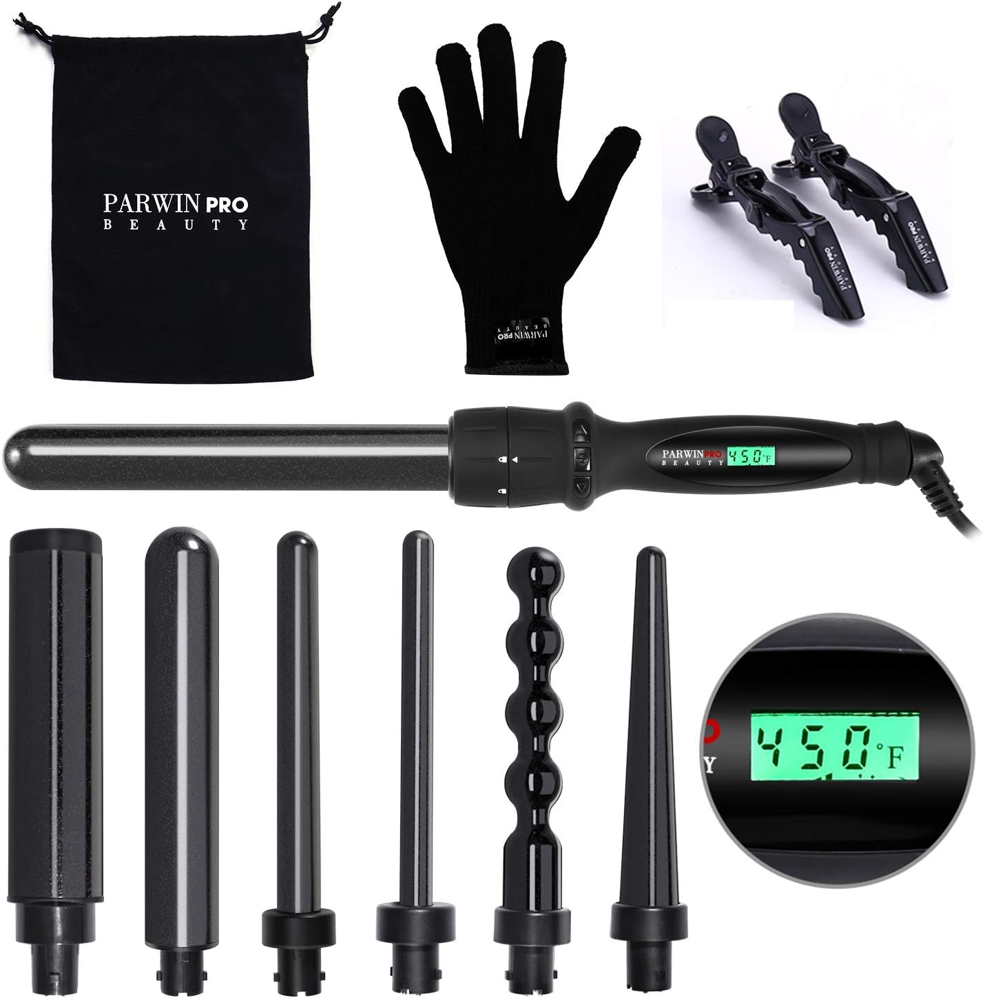 PARWIN BEAUTY Curling Iron Set 7 in 1 Interchangeable Barrels Dual Voltage Hair Curler LCD Display Tourmaline Ceramic Curling Iron with Heat Resistant Glove, Black