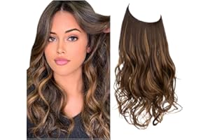 SARLA Invisible Wire Hair Extensions with 3 Clips Short Synthetic Wavy Curly Hairpiece Adjustable Transparent Headband for Women 14 Inch Dark Brown/Golden Blonde Highlights