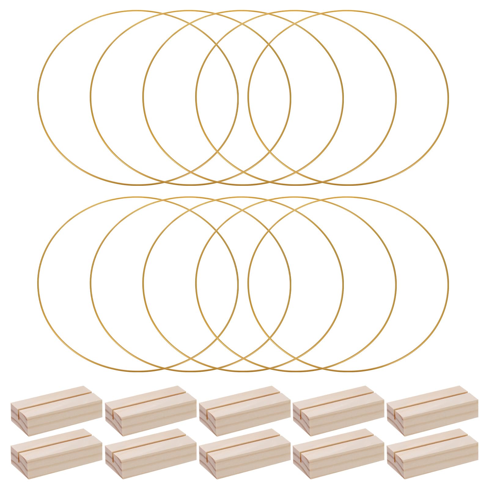 PATIKIL 10 Inch Round Metal Floral Hoop, 10 Pcs Gold Wreath Macrame Frame With Wood Base for Wedding Geometric Decor Party Wall Hanging, Gold Tone