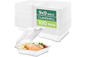 Freshware Clamshell Food Containers with Lids [9x9 100-Pack] Disposable To Go Containers, Biodegradable Sugarcane To Go Boxes - Paper Food Container - Microwave & Freezer Safe, Stackable
