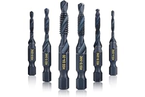 Valkynos 6Pcs Combination Drill & Taps Bit Set, HSS Screw Tapping in SAE Size 6-32nc 8-32nc 10-32nc 10-24nc 12-24nc 1/4-20nc, 1/4” Hex Shank Drill Tap with Storage Box