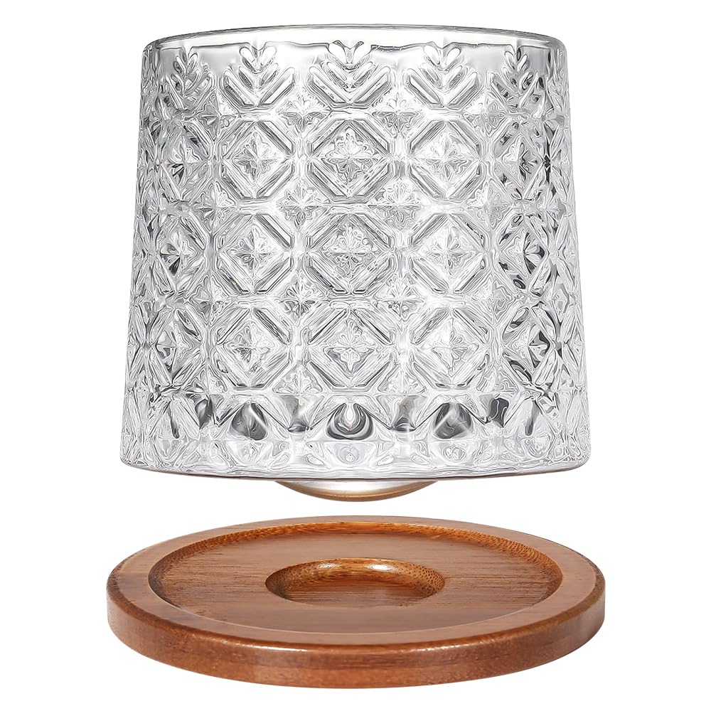 Uten Rotatable Old Fashioned Whiskey Glass, 275ml/10oz Crystal Cup with Wood Coaster - Thickened for Rum, Cocktails, Coffee, Milk - Stress-Reducing Design - 1 Piece
