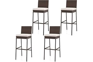 DORTALA PE Rattan Patio Bar Chairs Set of 4, Outdoor Wicker Bar Stools with Cushion, Footrest and Backrest, Metal Frame, 400 