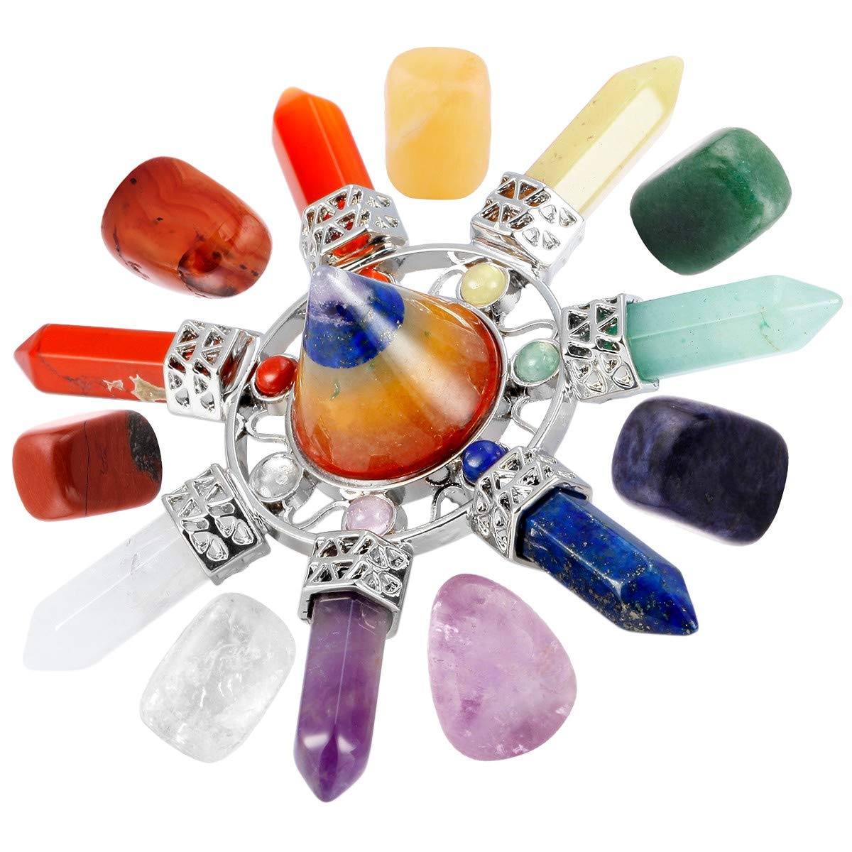 mookaitedecor Natural 7 Chakra Crystals Set Reiki Colourful Bedroom Decor, Healing Crystal Chakra Gifts Yoga Meditation Set Gift Wiccan Witchcraft Gift Decor, Chakra Crystal Pyramid & Tumbled Stones