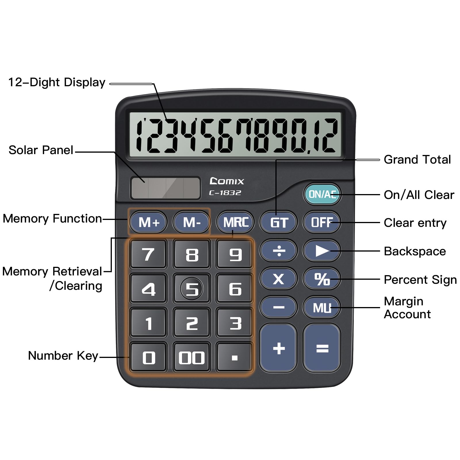 Comix Desktop Calculator 12 Digit with Large LCD Display and Big Button, 12 Digits Baisc Calculator, Solar Battery Dual Powered, for Office Home School C-1832 (Black)