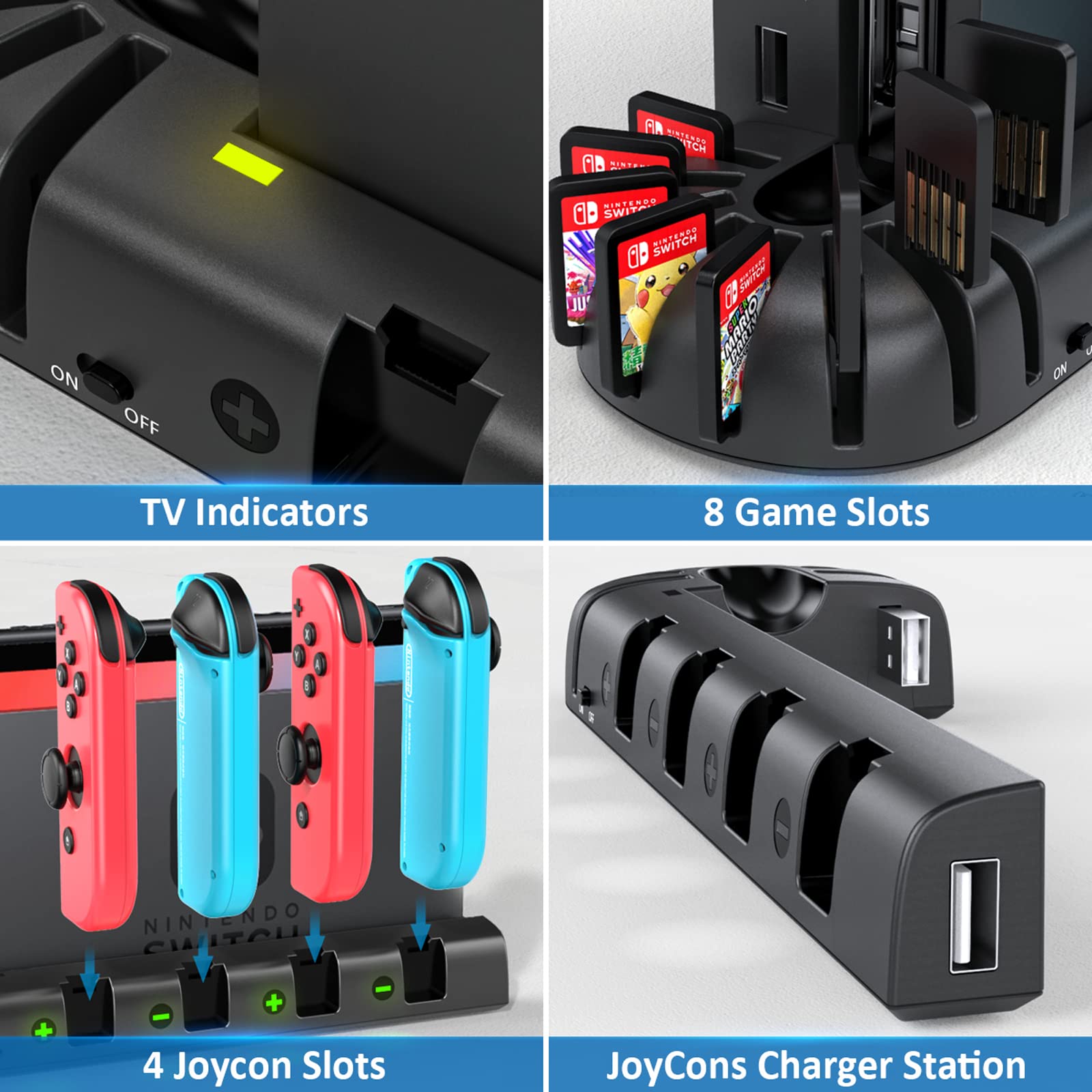 Switch Joycon Charging Dock Station Compatible with Nintendo Switch Accessories & OLED Model Joycons, KDD Joycon Controller Charger Docking Station with Upgraded 8 Game Storages, Gming Accessories